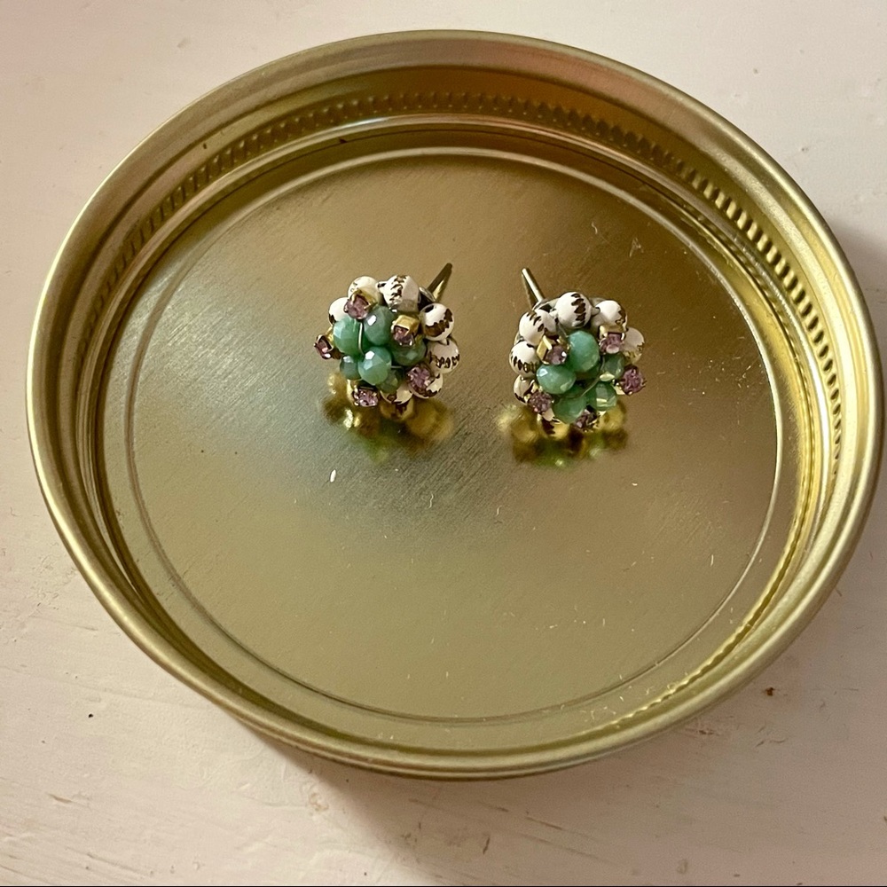 Teal white & gold beaded studs